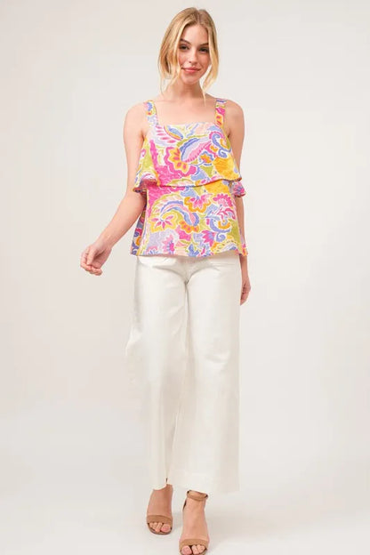 Trendsi And The Why square neck tiered paisley printed top with long sleeves and layered design, featuring colorful paisley pattern.
