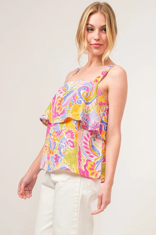 Trendsi paisley printed top with square neckline and tiered design, featuring a colorful, bohemian-inspired pattern.