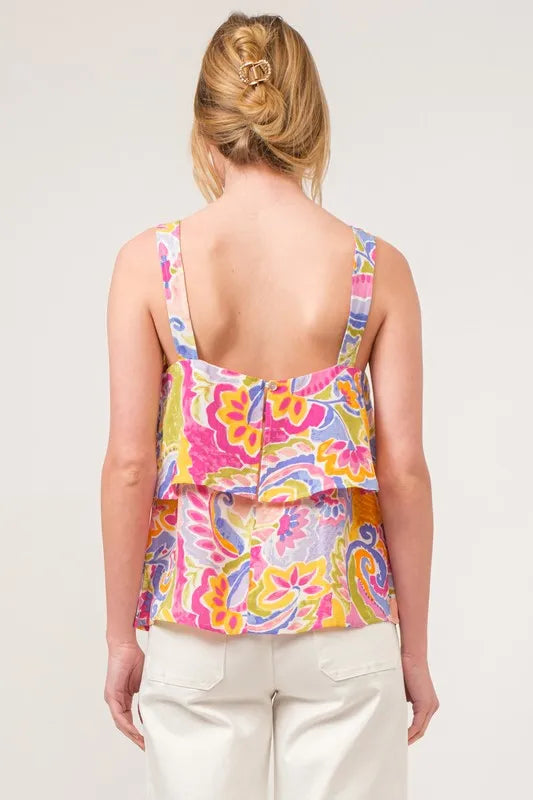 Trendsi paisley printed top with square neckline and tiered design, featuring a colorful, flowy fabric for a stylish look.