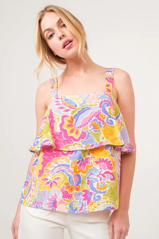 Multi-colored paisley printed top with square neckline and tiered design from Trendsi, featuring long sleeves and flowy fit.