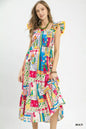 Umgee abstract print smocked ruffle sleeve tiered midi dress, featuring colorful pattern and flowing design, displayed on a hanger.