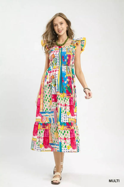 Umgee abstract print smocked ruffle sleeve tiered midi dress with flowing fabric and layered design, perfect for casual or dressy occasions.