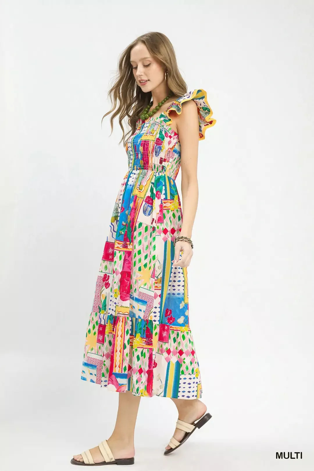 Umgee abstract print smocked ruffle sleeve tiered midi dress with a relaxed fit and vibrant multicolor design.