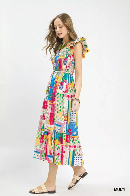 Umgee abstract print smocked ruffle sleeve tiered midi dress with a relaxed fit and vibrant multicolor design.