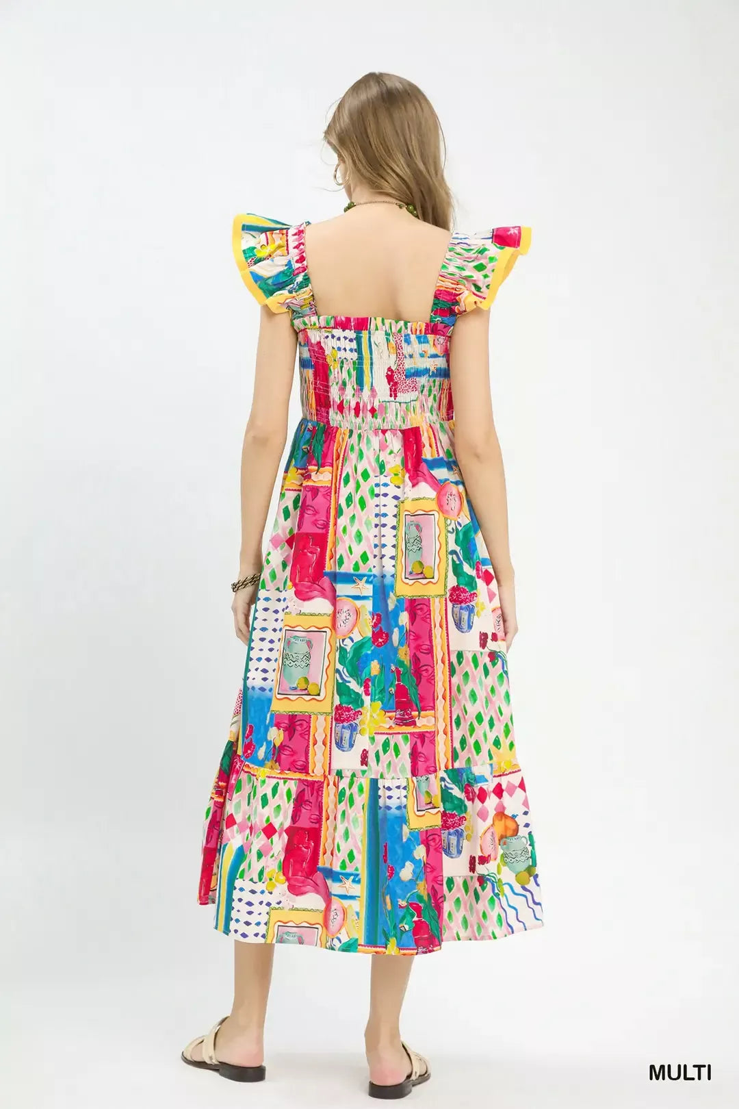 Umgee abstract print smocked ruffle sleeve tiered midi dress, trendy boho style with vibrant patterns and flowy silhouette.
