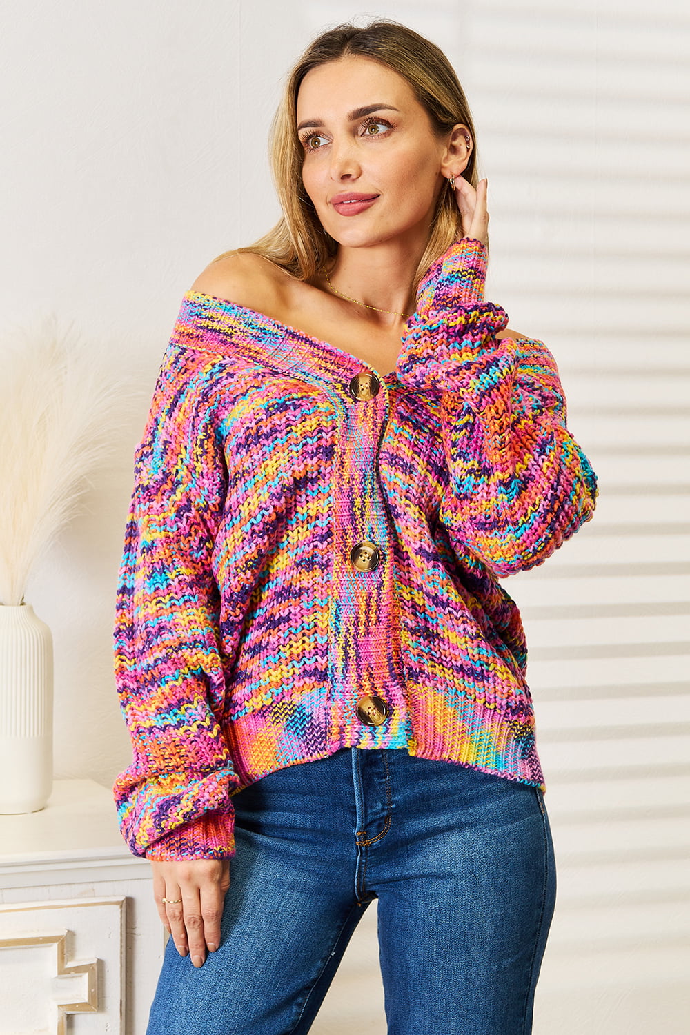 Multicolor angel wings woven V-neck long sleeve cardigan by Trendsi, featuring detailed wing pattern and comfortable fit.