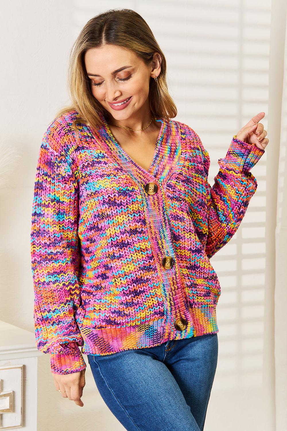 Multicolor woven Angel Wings V-neck long sleeve cardigan by Trendsi, featuring a cozy knit with detailed angel wing patterns.