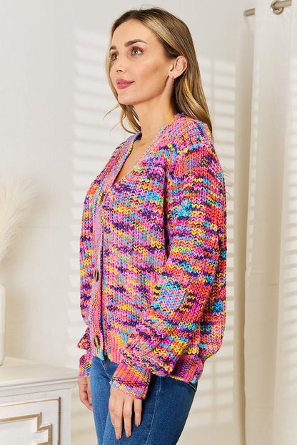 Multicolor woven angel wing design V-neck long sleeve cardigan from Trendsi, featuring a stylish and cozy knit pattern.