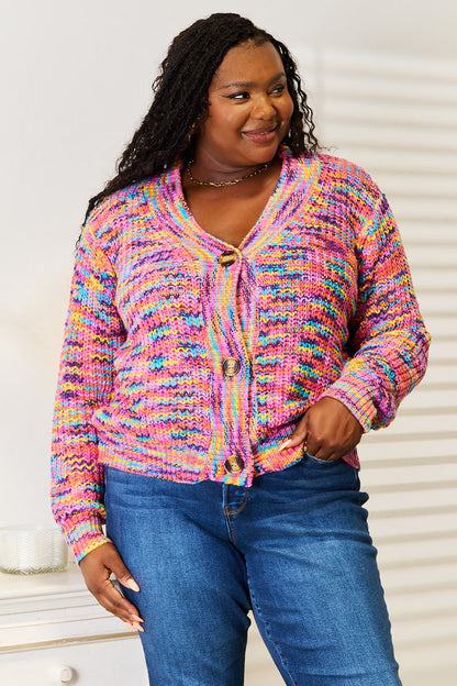 Multicolor woven angel wings pattern on a right V-neck long sleeve cardigan by Trendsi, featuring a cozy and stylish design.