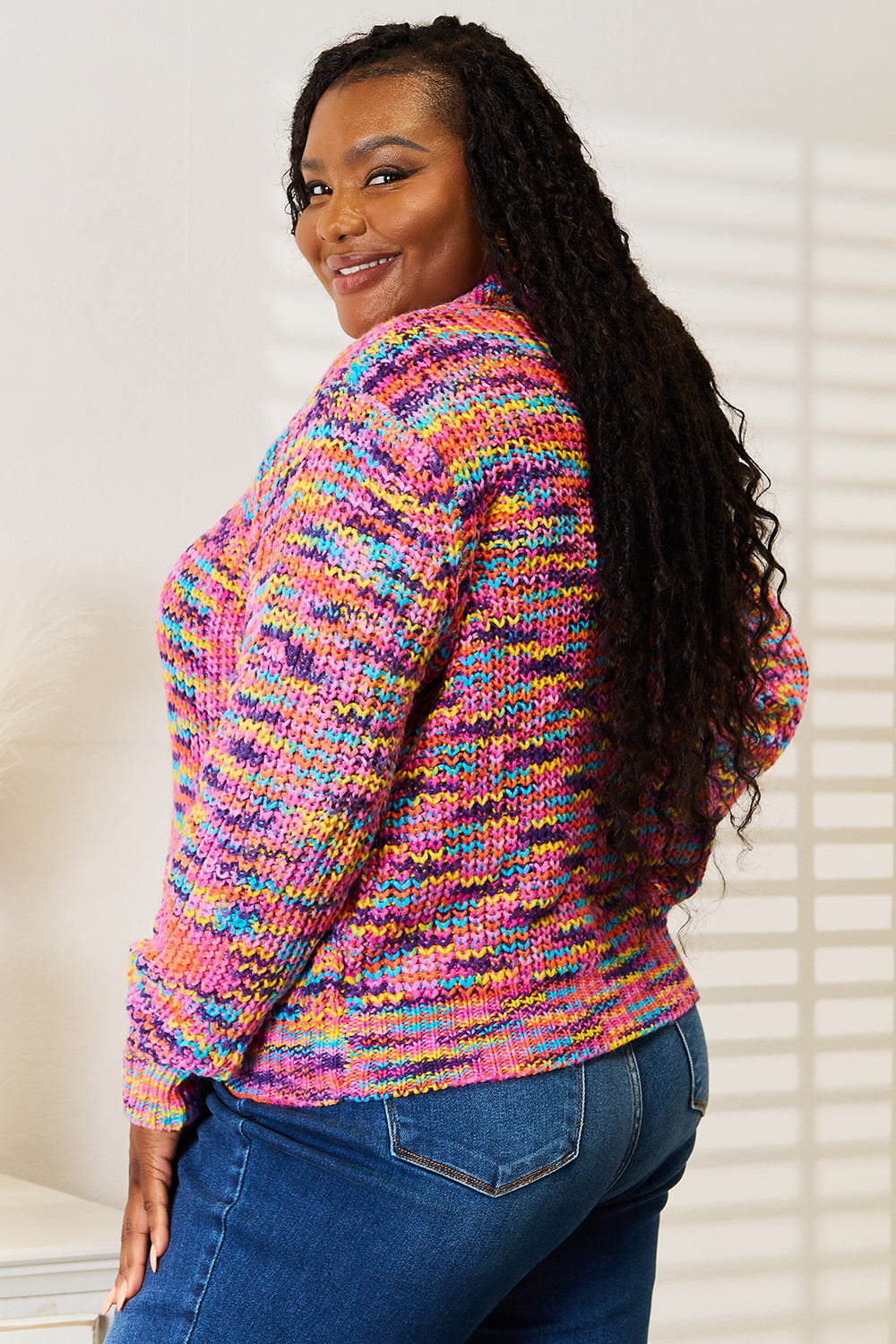 Multicolor woven angel wing V-neck long sleeve cardigan by Trendsi, featuring intricate wing patterns and soft knit fabric.