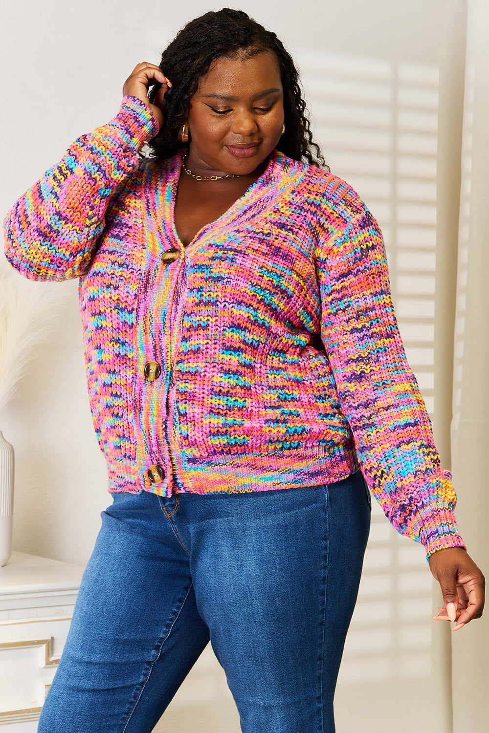 Multicolor woven angel wings V-neck long sleeve cardigan by Trendsi featuring a stylish right-side design and cozy fit.