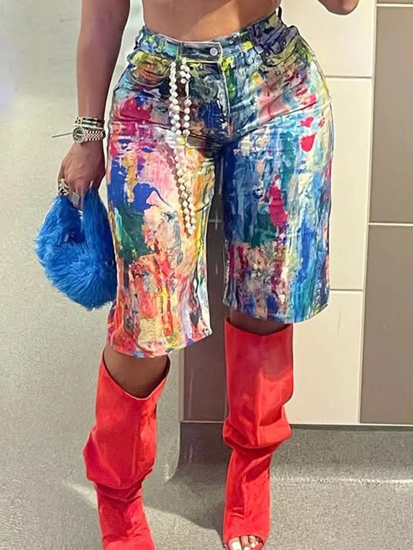 Multicolor artistic splash print shorts by Trendsi featuring vibrant, abstract design and casual fit for trendy summer wear.