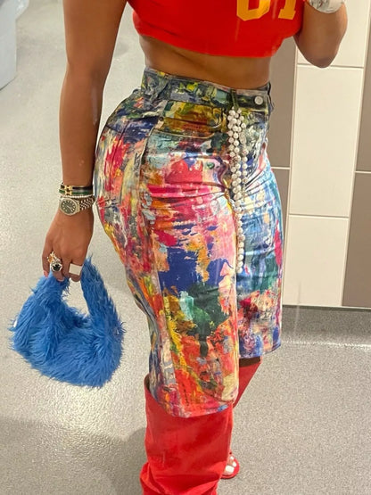 Multicolor artistic splash print shorts by Trendsi featuring vibrant abstract design and lightweight fabric for casual wear.