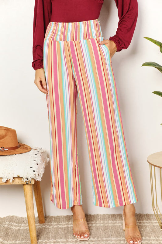 Multicolor double take striped smocked waist pants with pockets by Trendsi, casual and stylish for everyday wear.