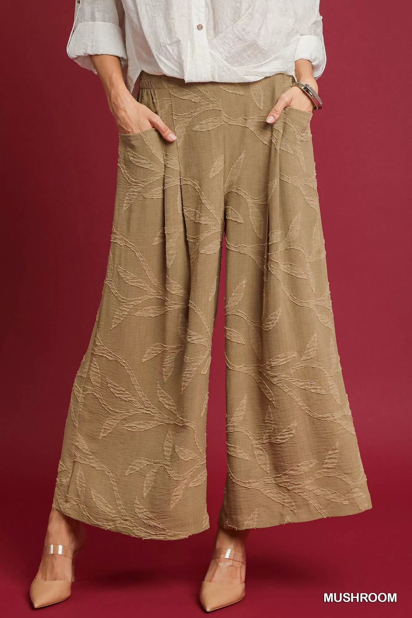 Trendsi Umgee Jacquard Wide-Leg Pants in mushroom color, featuring a textured pattern and relaxed fit.