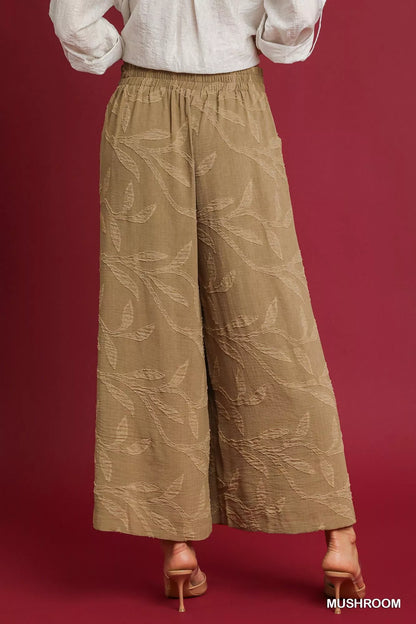 Umgee Jacquard Wide-Leg Pants in a mushroom color, featuring a stylish wide-leg design and intricate jacquard pattern.