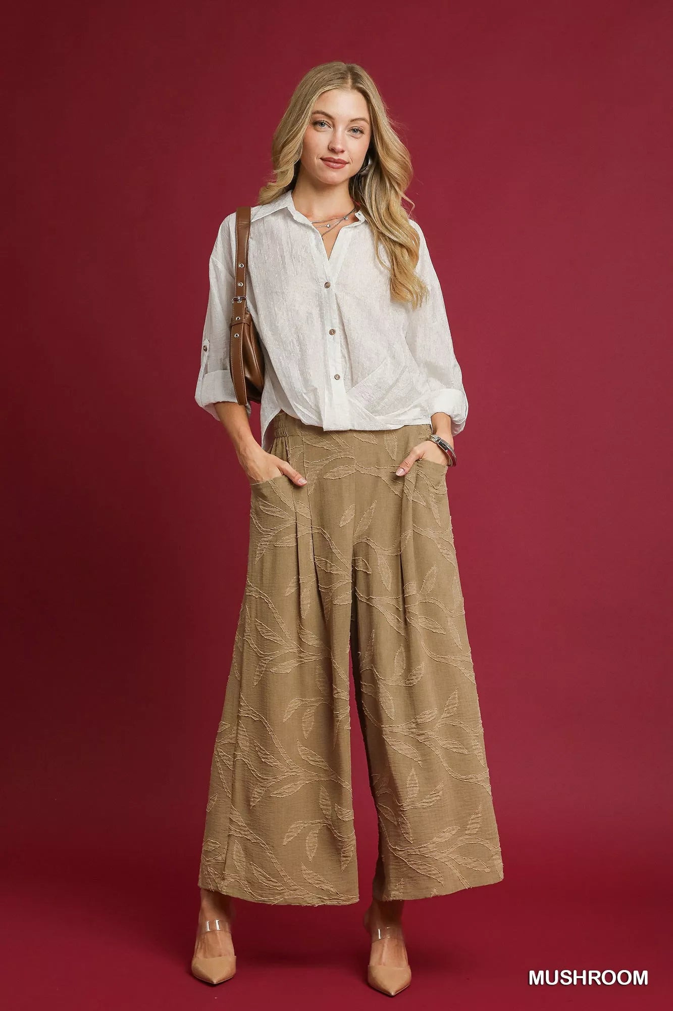 Trendsi Umgee Jacquard Wide-Leg Pants in mushroom color, featuring a textured pattern and relaxed fit.