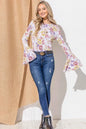 Mustard mauve floral printed bell sleeve casual top by Trendsi, featuring a relaxed fit and stylish bell sleeves.