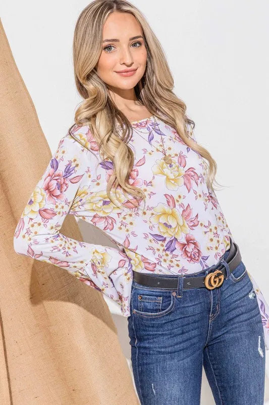 Mustard mauve floral printed bell sleeve casual top by Trendsi, featuring a relaxed fit and vibrant floral pattern.