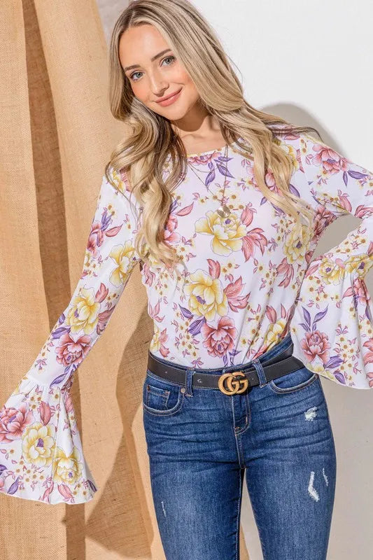 Mustard mauve floral printed bell sleeve casual top by Trendsi, featuring a relaxed fit and stylish bell sleeves.
