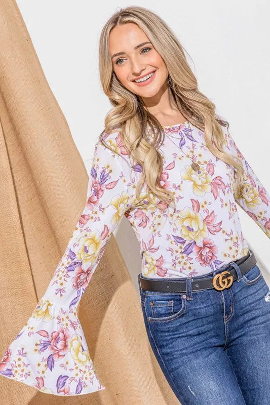 Mustard mauve floral printed bell sleeve casual top by Trendsi, featuring a relaxed fit and stylish floral pattern.