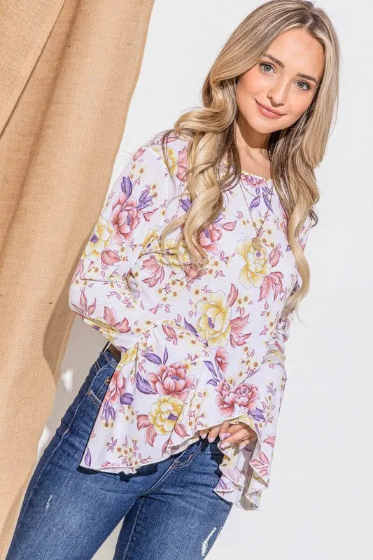 Mustard mauve floral printed bell sleeve casual top by Trendsi, showcasing a relaxed fit and vibrant floral pattern.