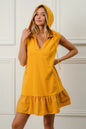 Mustard BiBi Ruffled French Terry Hooded Dress by Trendsi, featuring ruffled details and a cozy hood, ideal for casual wear.