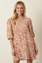 Mustard animal print Puff Sleeve Mini Dress by Mittoshop, featuring a trendy silhouette and stylish puffed sleeves.