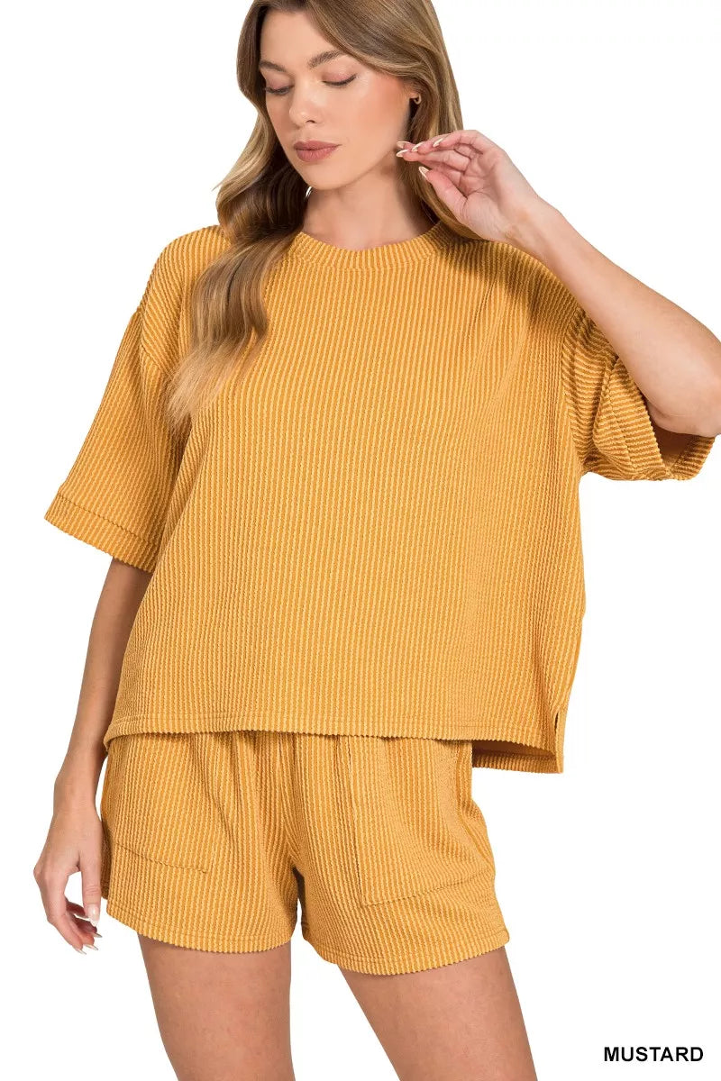 Mustard Zenana rib short sleeve tee with matching drawstring shorts set, casual loungewear from Trendsi.