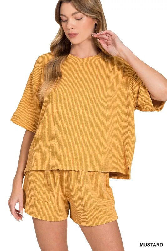Mustard Zenana rib short sleeve tee with matching drawstring shorts set, casual loungewear from Trendsi.