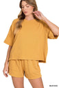 Mustard Zenana rib short sleeve tee with matching drawstring shorts set, casual loungewear from Trendsi.