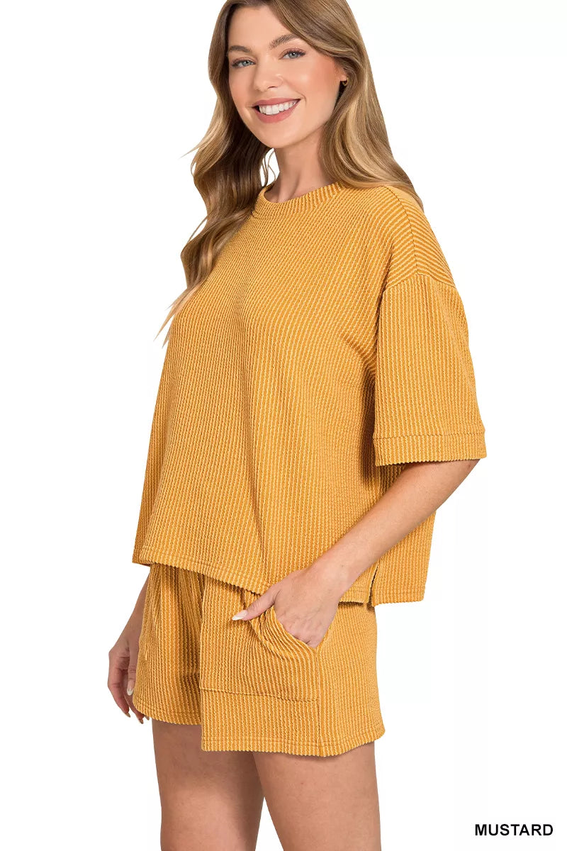 Mustard Zenana short sleeve ribbed tee and drawstring shorts set, casual loungewear for women, styled for comfort and everyday wear.