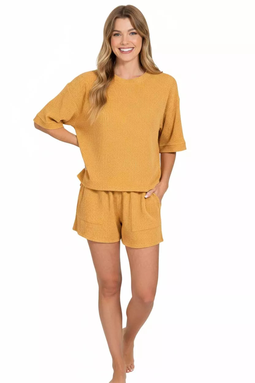 Mustard Zenana rib short sleeve tee with matching drawstring shorts set by Trendsi, featuring a casual, comfortable summer outfit.