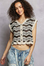 Natural black crochet button-down vest with scalloped edges, featuring a relaxed fit and stylish design by Trendsi.