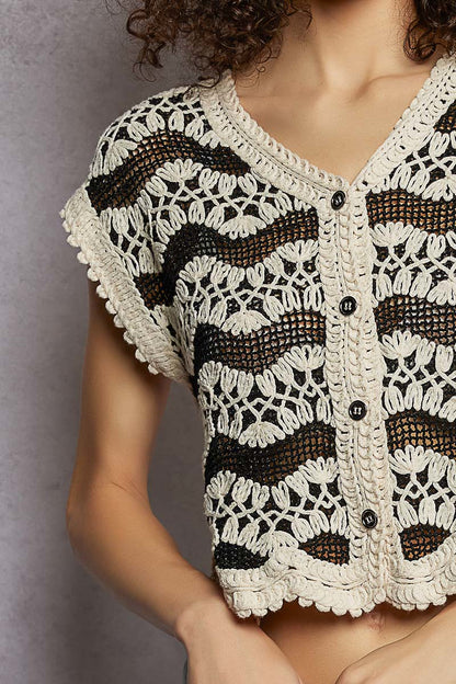 Natural black POL crochet button-down vest with scalloped edges, featuring a relaxed fit and intricate crochet details.