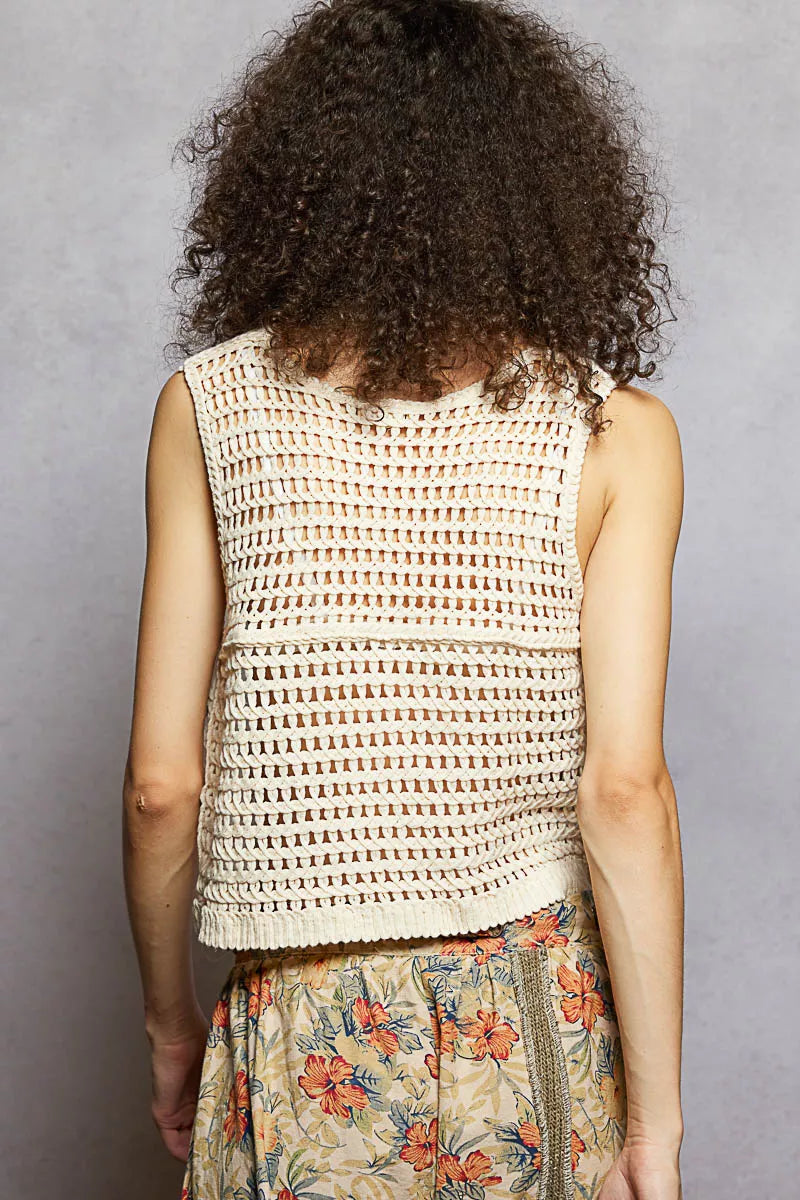 Natural brick-colored floral embroidered cropped crochet vest by Trendsi, featuring detailed embroidery and a stylish, textured design.