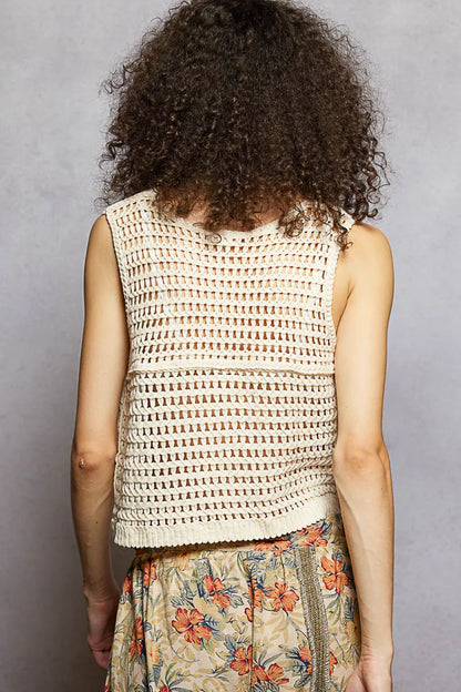 Natural brick-colored floral embroidered cropped crochet vest by Trendsi, featuring detailed embroidery and a stylish, textured design.