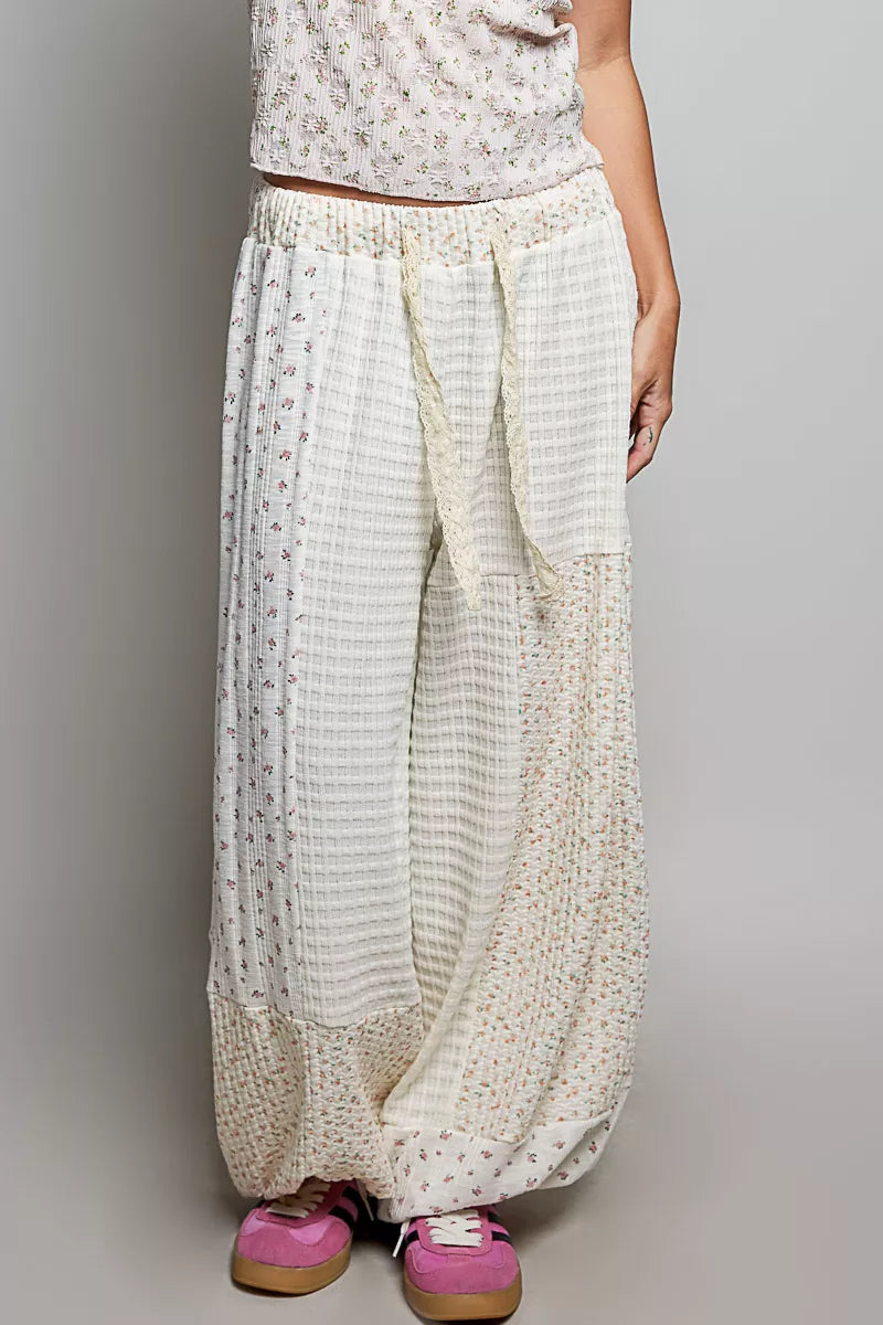 Trendsi patchwork mixed knit wide-leg pants with natural multi-color design, featuring a relaxed fit and stylish wide silhouette.