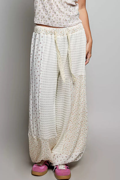 Trendsi patchwork mixed knit wide-leg pants with natural multi-color design, featuring a relaxed fit and stylish wide silhouette.