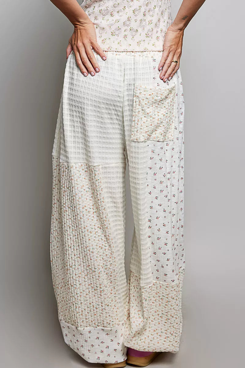 Trendsi patchwork mixed knit wide-leg pants in natural multi-color, featuring a relaxed fit and stylish design.