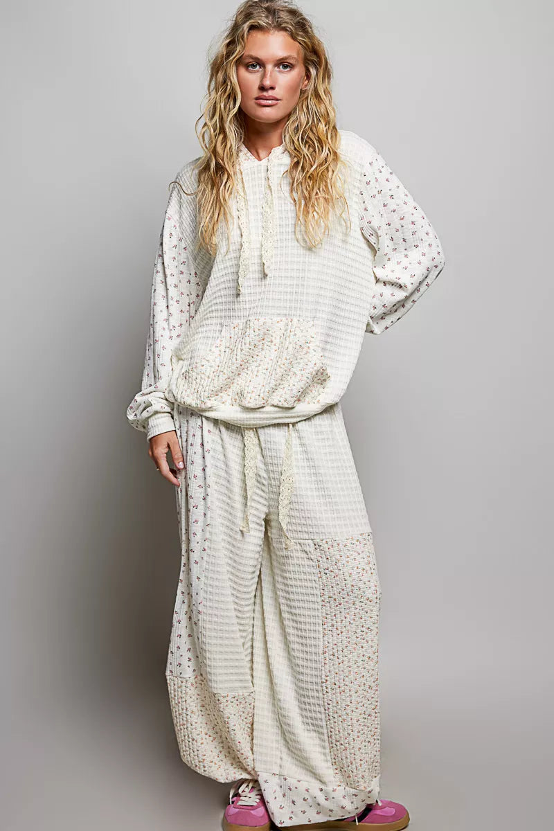 Trendsi patchwork mixed knit wide-leg pants with multicolor patchwork design and relaxed fit, styled for casual wear.