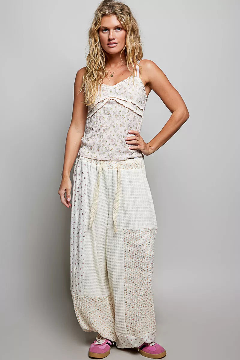 Trendsi patchwork mixed knit wide-leg pants in natural multi-color with a relaxed fit and high waist, styled with casual top.