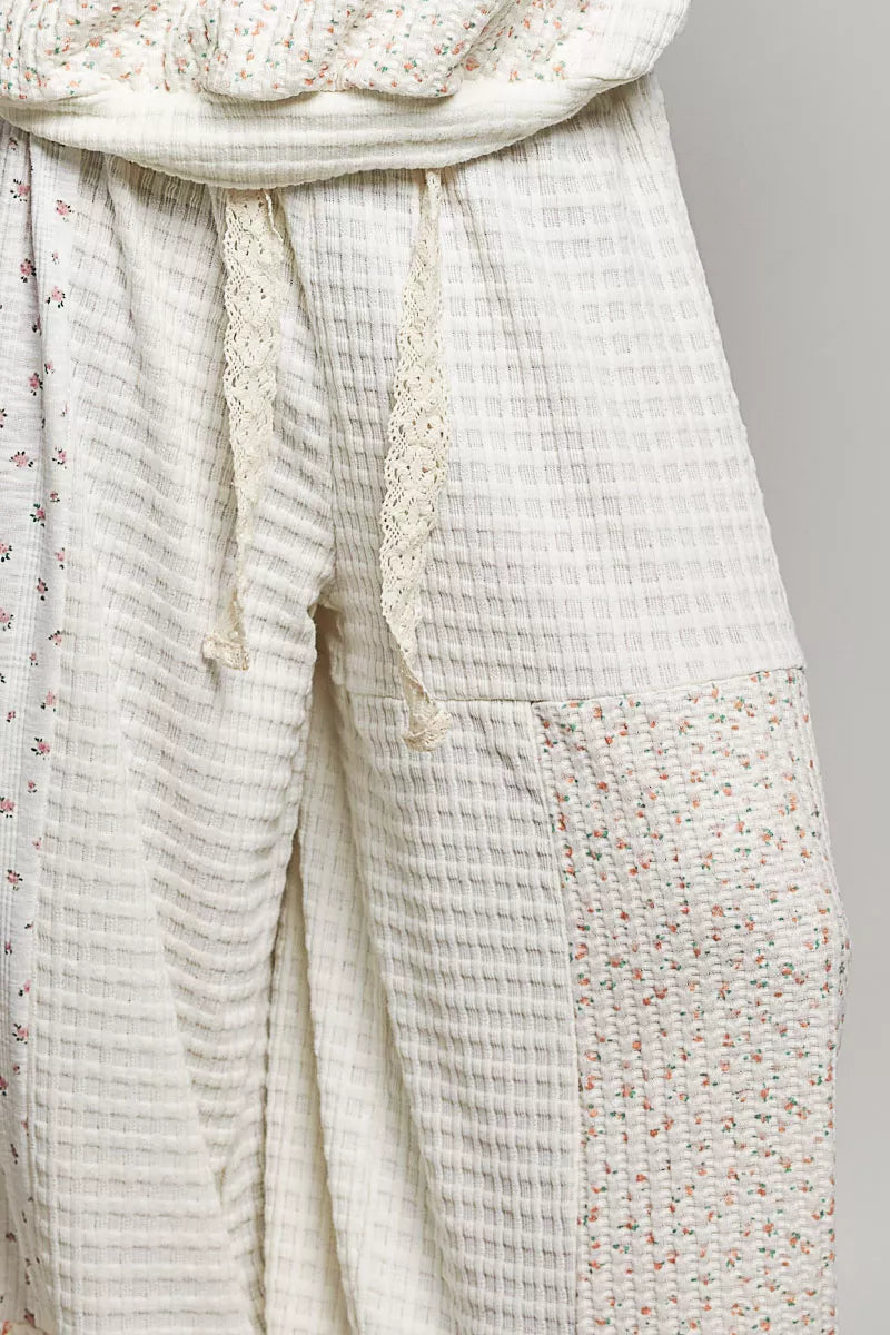 Trendsi patchwork mixed knit wide-leg pants in natural multi-color, featuring a relaxed fit and stylish design.