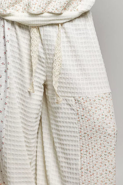 Trendsi patchwork mixed knit wide-leg pants in natural multi-color, featuring a relaxed fit and stylish design.