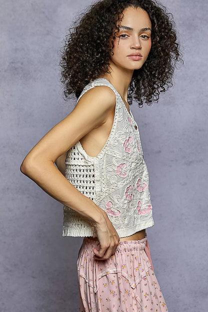 Natural pink floral embroidered V-neck vest by Trendsi, featuring intricate embroidery and a lightweight, one-size-fit design.