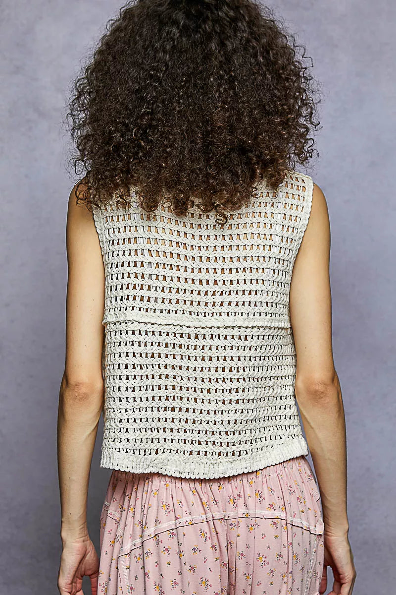 Natural pink floral embroidered V-neck vest by Trendsi, featuring intricate embroidery and a relaxed, one-size fit.
