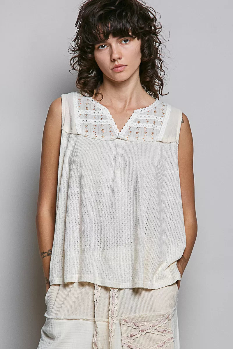 Natural beige POL lace detail floral double gauze sleeveless top with patch accents from Trendsi, styled casually.