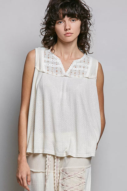 Trendsi POL lace detail floral double gauze patch sleeveless top with delicate lace accents and floral pattern.