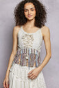 Natural S POL lace-up fringe hem tank top with lace detail, featuring a stylish casual design and sleeveless fit.
