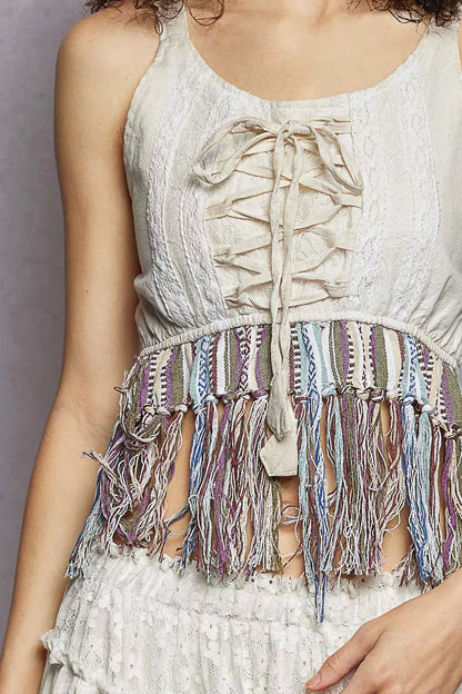 Natural S POL lace-up fringe hem tank top with lace detail, featuring a sleeveless design and trendy boho style.
